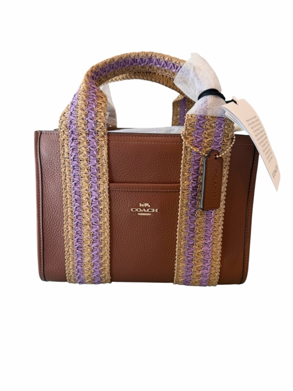 Coach Brown Leather Satchel with Lavender and Natural Woven Straps